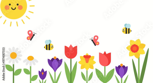 Bright and cheerful spring garden illustration with colorful flowers, buzzing insects, and a shining sun, capturing the essence of the season