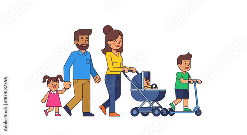 Happy Family Outing Parents Pushing a Stroller and Child Riding a Scooter