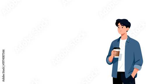 Young man holds coffee cup. He stands relaxed, smiling gently. Casual outfit, soft pastel backdrop. Ideal for cafe, break, or workday scenes. Simple, friendly, modern photo style