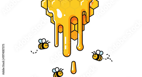 Sweet golden honey drips from a vibrant hexagonal honeycomb, surrounded by industrious bees, an appetizing illustration of nature's delicious, wholesome ingredients