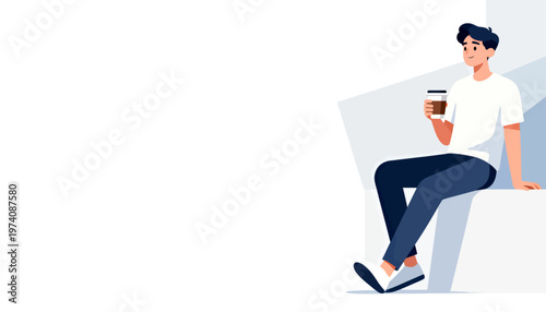 Man sits relaxed, holding coffee cup. Simple background emphasizes calm, modern vibe. Casual attire suggests everyday comfort. Ideal for break, work, or lifestyle scenes