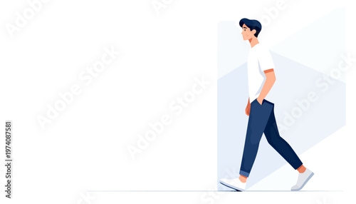 Young man walks confidently with casual stride. Simple lines define his relaxed posture and casual outfit. Light background emphasizes movement and modern minimalism. Ideal for concepts of progress