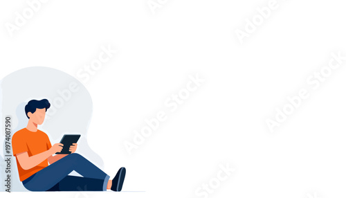 Young man sits cross-legged, focused on tablet. Minimalist design, clean background, soft shadows. Calm demeanor, relaxed posture, absorbed in digital content. Ideal for tech, education
