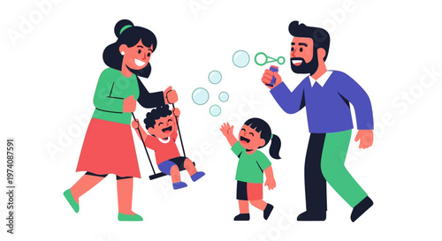 Cheerful parents spending quality time with their two young children outdoors, enjoying a sunny day with bubbles and a swing activity