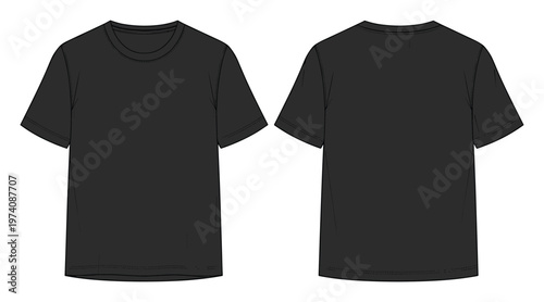 Basic black short sleeve crew neck t shirt blank apparel template featuring both front and back views for versatile clothing design mockups and fashion presentations.
