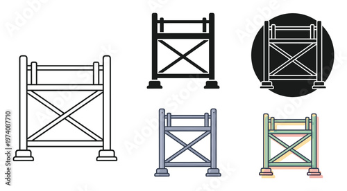 Scaffolding construction structure vector graphic set in various styles for building industry safety signs, engineering symbols, and app icons