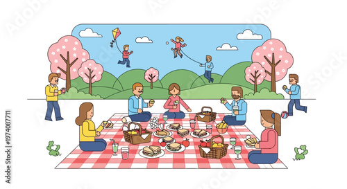 Spring Picnic with Family and Friends Enjoying a Day Outdoors with Kites and Food