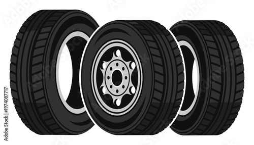 Essential automotive tires featuring robust rubber treads and shiny metallic rims, perfect for vehicle service advertisements, auto parts catalogs, and transportation industry promotions.
