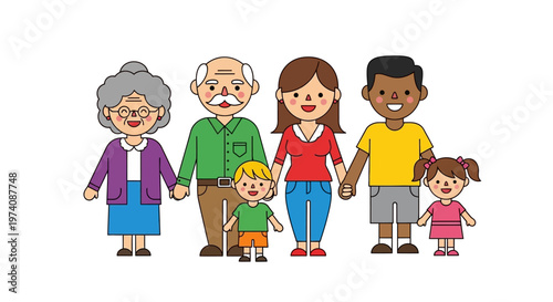 Cheerful multi-generational family portrait showing unity, love, and support with diverse members holding hands in a vibrant flat vector illustration