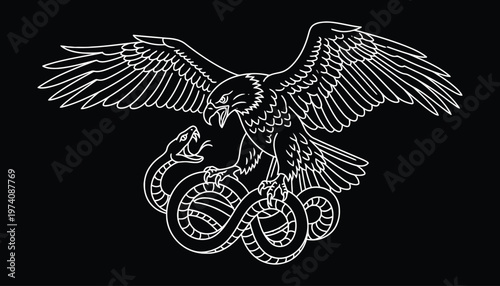 Eagle and snake white line art illustration on black background