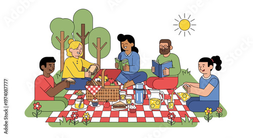 Vibrant gathering of diverse friends enjoying a leisurely outdoor picnic, sharing food, books, and happy moments in a sun-drenched park environment