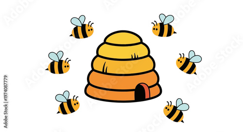 A vibrant cartoon illustration featuring a bustling beehive surrounded by adorable honey bees, depicting a sweet natural scene for educational and cheerful designs