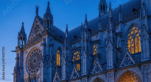 Gothic Cathedral Architecture Illuminated at Dusk.