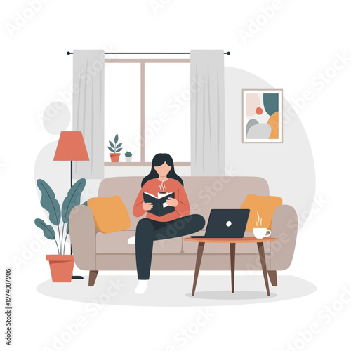 Schilderij op canvas Woman Sitting on Couch with Laptop.