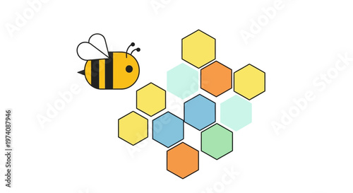 Charming illustration of a bee buzzing around a colorful honeycomb structure on a white background, perfect for nature and business themes