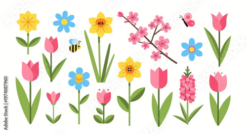 Vibrant vector set of spring flowers. Tulips, daffodils, and blossoms, with a charming bee and butterfly, ideal for cheerful seasonal illustrations