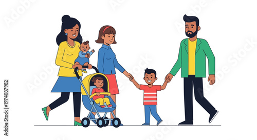 A diverse family walking together with their children in a stroller, portraying unity and togetherness in a joyful scene