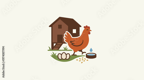 Cartoon Chicken on Farm with Coop and Eggs