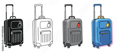 Collection of travel suitcases with wheels and extended handles in various styles for vacation planning and tourism related applications