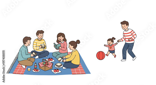 Happy family enjoying a lively outdoor picnic and playful moments together, creating cherished memories in a vibrant park setting