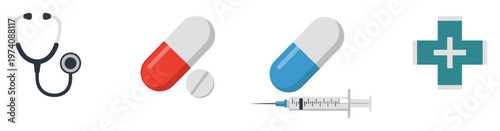 Comprehensive collection of essential healthcare tools including stethoscope, various capsule and tablet pills, syringe, and medical cross symbol for health and pharmaceutical uses