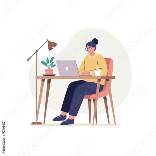 Woman working on laptop computer.
