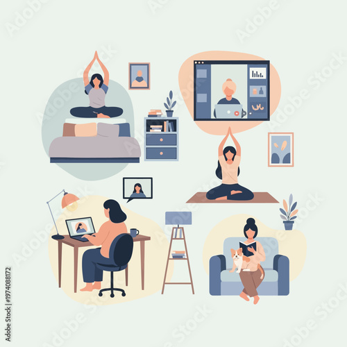 Women doing yoga with video call.