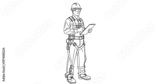 Construction worker in safety gear holding a clipboard, focused and attentive.