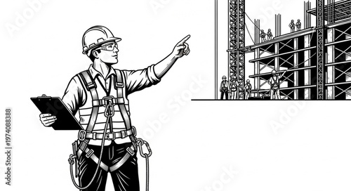 Construction worker in safety gear pointing at building under construction.