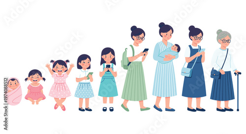 Female aging process illustration showing growth phases. Girl growing up from infant to senior woman. Character development over time including motherhood. Concept of aging and human lifespan.