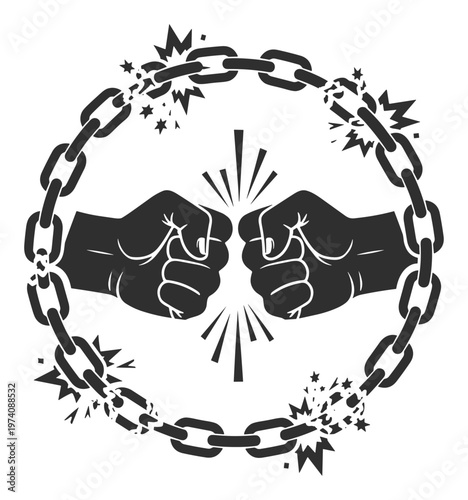 Powerful fists breaking a circular metal chain symbolizing freedom and strength, suitable for protest, liberation, or overcoming challenge themes and motivational content