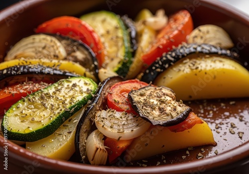 Closeup of a rustic vegetable tian with sliced zucchini, eggplant, potatoes, tomatoes, and onions in a ceramic dish