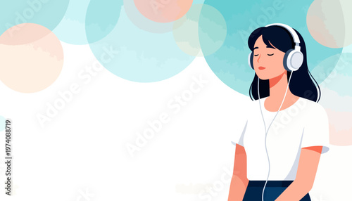 Soft pastel circles float behind a listening woman. Her eyes close, head tilted, earbuds connected to music. She wears white, relaxed, calm, absorbed in sound. Perfect for wellness, meditation
