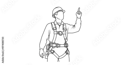 Construction worker in safety harness pointing upwards.