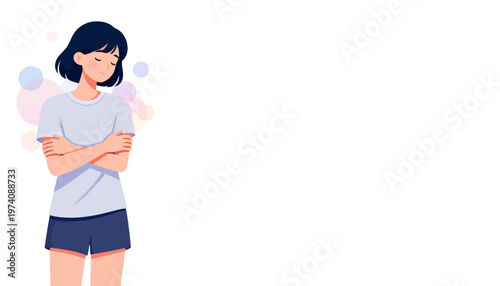 Young woman stands with arms folded, pouting. Her eyes close as she looks away, showing mild displeasure. Pastel bubbles float behind her in soft pink and blue hues