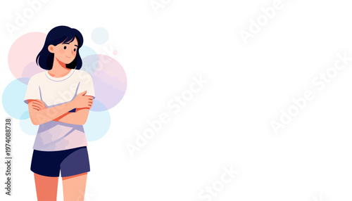 Young woman stands with arms crossed. She smiles softly, looking toward the side. Pastel circles float behind her gently. Simple, clean background enhances her calm demeanor