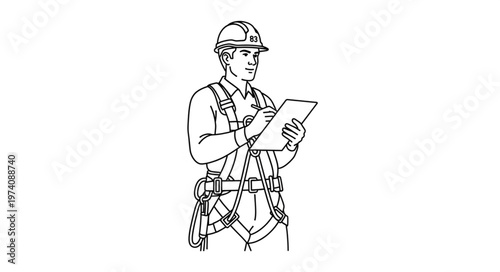 Construction worker in safety harness writing on clipboard.