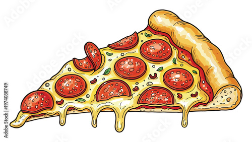 A delicious hot pepperoni pizza slice with melted cheese dripping perfect for food related content and restaurant advertising