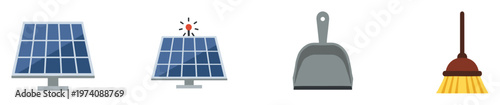 Renewable energy solar panels and house cleaning tools like a dustpan and broom offering diverse imagery for environmental and household chore concepts