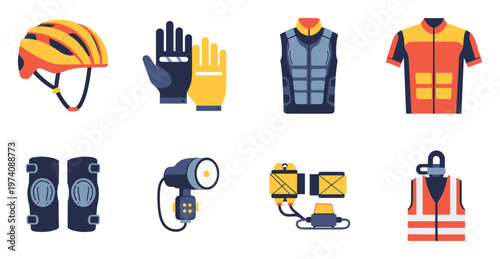 Comprehensive collection of safety gear and protective equipment including helmet, gloves, vests, knee pads, and lights, perfect for promoting active outdoor lifestyles and personal