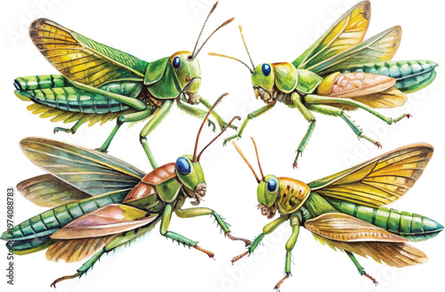 set of Watercolor Grasshopper Illustration, Garden Insect Clipart, isolated on white background