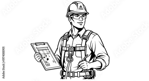 Construction worker holding clipboard and safety harness.