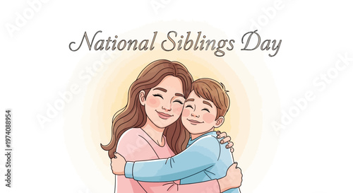A heartwarming vector illustration shows a smiling sister embracing her younger brother against a clean white background, symbolizing sibling love and a strong family connection with soft