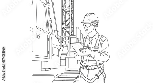 Construction worker in hard hat and safety harness inspecting plans.
