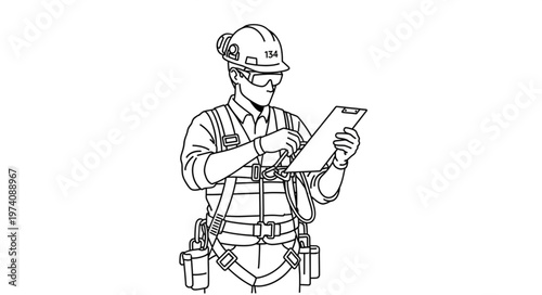 Construction worker in hard hat and safety harness reviewing checklist on clipboard.