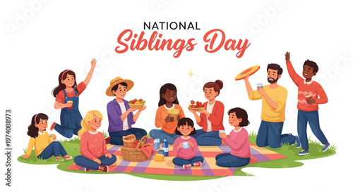 Cheerful vector illustration celebrating National Siblings Day, depicting a group of happy siblings of diverse ages and ethnicities enjoying a picnic together on a checkered blanket