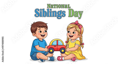 Cartoon illustration depicts a brother and sister happily playing together with a toy car, celebrating sibling affection and family togetherness against a clean white background