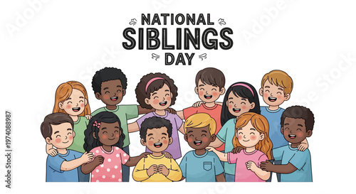 A cheerful vector illustration commemorates National Siblings Day with a diverse group of children happily embracing one another against a clean white background, conveying a sense