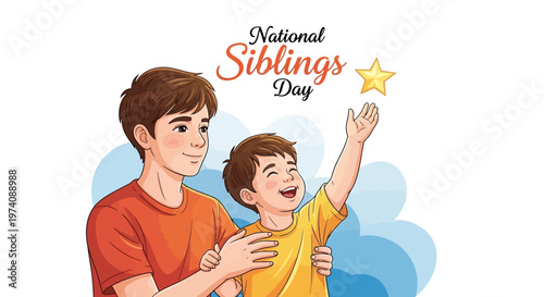 A vector illustration celebrates National Siblings Day showing a happy little brother reaching for a gold star as his older brother lovingly supports him, set against a clean white
