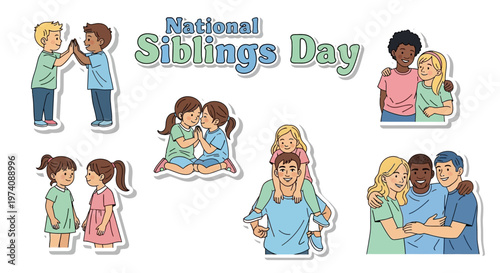 Vector illustration showcasing diverse siblings in affectionate poses for National Siblings Day, with simple line art and pastel colors creating a heartwarming and celebratory mood